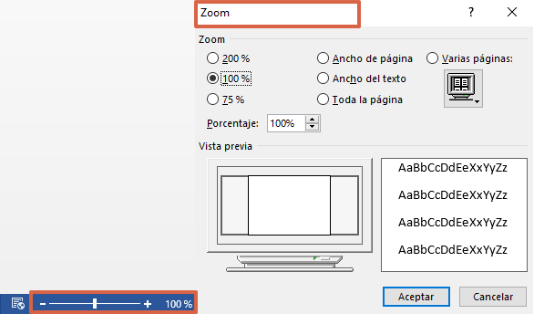 Zoom y ajustel del Zoom en la barra de estado de Word