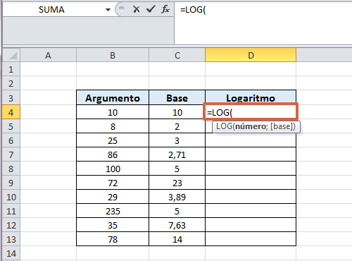 Cómo utilizar la función logaritmo en Excel paso 2