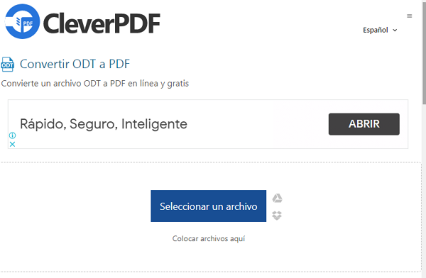 CleverPDF como página web para convertir un archivo ODT a PDF