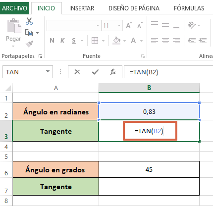 Cómo utilizar la función tangente en Excel (TAN) de forma directa paso 4