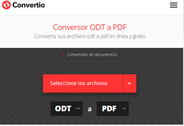 Convertio como página web para convertir un archivo ODT a PDF