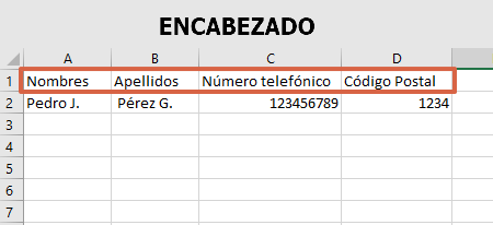 Creación del encabezado en Excel. Paso 2