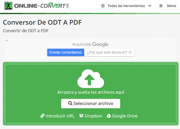 Online-Convert como página web para convertir un archivo ODT a PDF